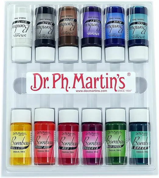Dr. Ph. Martin's Bombay India Ink (Set 1) Ink Set, 0.5 oz, Set 1 Colors, 1 Set of 12 Bottles
