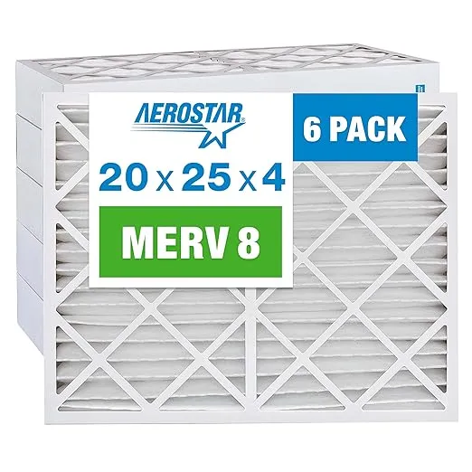 Aerostar 20x25x4 MERV 8 Pleated Air Filter, AC Furnace Air Filter, 6 Pack (Actual Size: 19 1/2"x24 1/2"x3 3/4"), White