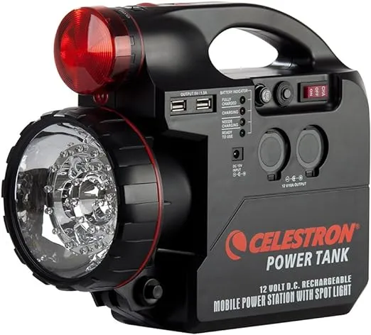 Celestron – PowerTank 12 Telescope Battery – Rechargeable Portable 12V Power Supply for Computerized Telescopes – 84 Wh Power – Built–in 2 USB Ports, Cigarette Lighter Adapter, Built-in Flashlight