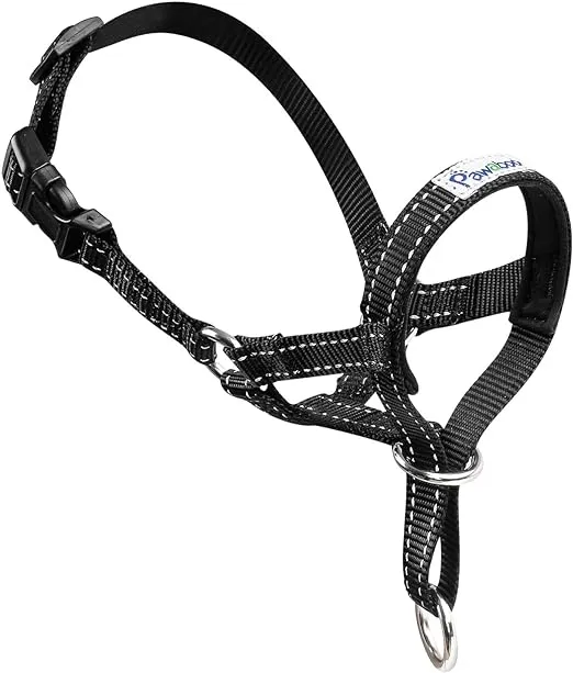 Pawaboo Dog Muzzle, Head Halter Collar for Dog, Pet Dog Nylon Reflective Adjustable Loop Anti-Biting Barking Control Easy Fit Dog Stops Dog Pulling Head Leash, Medium Size, Black