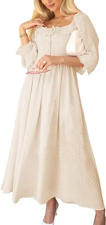 Anna-Kaci Vintage Dress Casual Long Puff Sleeve High Waist Smocked Chiffon Lace Flowy Summer Dress for Women