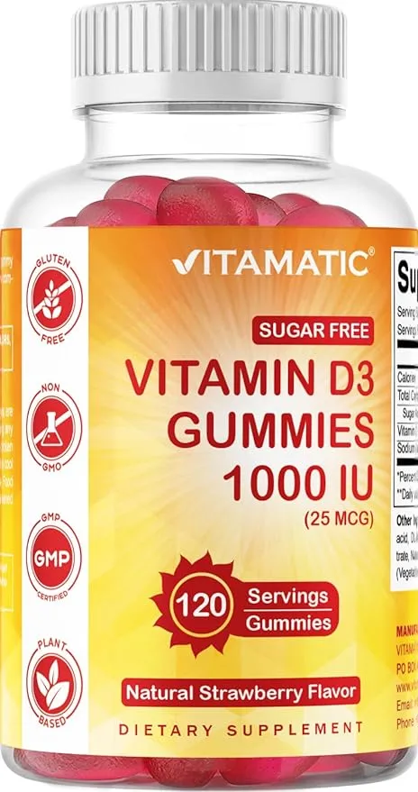 Vitamatic Sugar Free Vitamin D3-120 Pectin Based Gummies - Great Taste - Healthy Bones, Mood & Immune System Function - Non-GMO - 120 Servings (1000 IU)