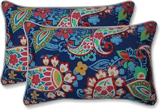 Pillow Perfect Paisley Indoor/Outdoor Accent Throw Pillow, Plush Fill, Weather, and Fade Resistant, Lumbar - 11.5" x 18.5" , Blue/Green Party, 2 Count