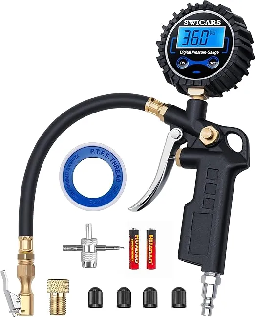 SWICARS Digital Pressure Gauge with Tire Inflator, 250 PSI Air Chuck and Compressor Accessories Heavy Duty with Quick Connect Coupler, 0.1 Display Resolution, Car Accessories for Truck, SUV, RV, Black
