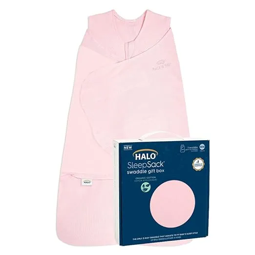 HALO Sleepsack Swaddle 100% Organic Cotton Newborn 1-Piece Gift Set with Box, TOG 1.5, 0-3 Months, Strawberry