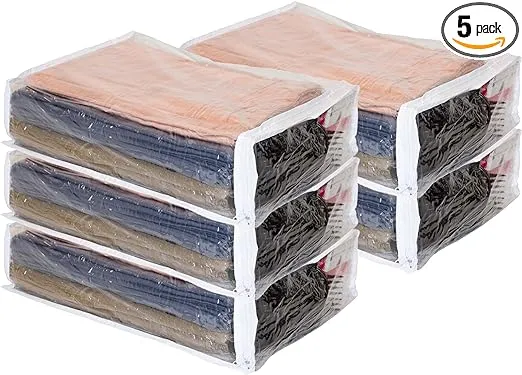 Set of 5 Clear Vinyl Zippered Storage Bags 11 x 15 x 4 Inch