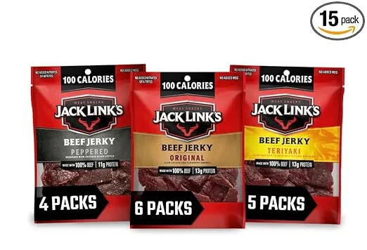 Jack Link's Beef Jerky Variety Pack - Includes Original, Teriyaki, and Peppered Beef Jerky - 96% Fat Free, No Added MSG- 1.25 Oz (Pack of 15)
