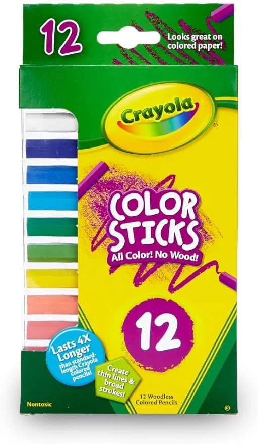 Crayola Color Sticks (12 Count), Woodless Colored Pencils Set for Kids, Classroom Art Supplies, Fine Lines & Broad Strokes, Non-Toxic