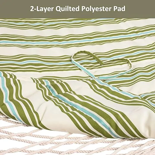 SUNCREAT Cotton Rope Hammock for Two People with Hardwood Spreader Bars, Quilted Fabric Pad & Detachable Pillow, Extra Large Hammock with 12 FT Steel Stand, Ipad Bag & Cup Holder, Green&Beige