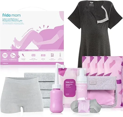 Frida Mom Labor, Delivery, & Postpartum Kit, Baby Shower Gifts, Socks, Peri Bottle, Nursing Gown, Disposable Underwear, Ice Maxi Pads, Pad Liners, Perineal Foam, Toiletry Bag (15pc Gift Set)