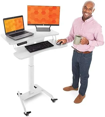 Stand Steady Cruizer Premier Electric Mobile Podium Desk with Keyboard Tray | Sit or Stand Height Adjustable Portable Standing Desk with Wheels | Portable Podium with Programmable Control Pad (White)