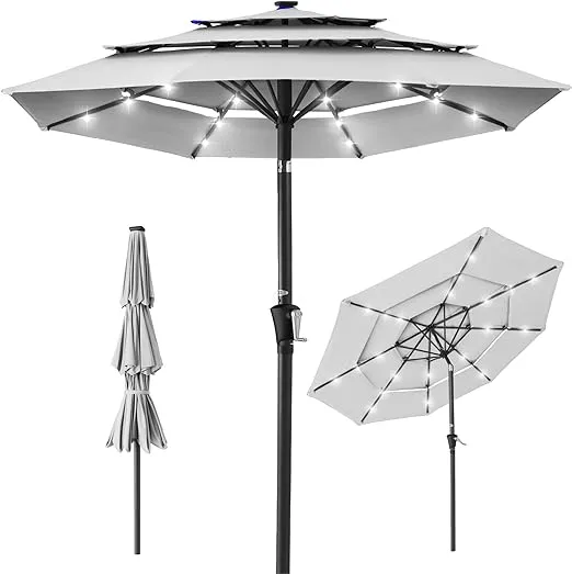 Best Choice Products 10ft 3-Tier Solar Patio Umbrella, Outdoor Market Sun Shade for Backyard, Deck, Poolside w/ 24 LED Lights, Tilt Adjustment, Easy Crank, 8 Ribs - Fog Gray