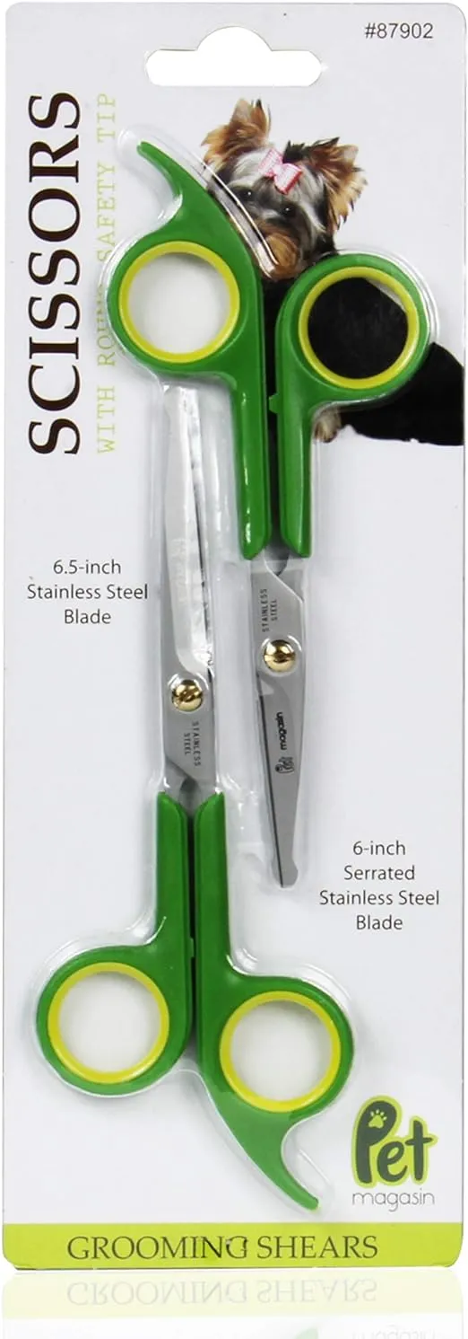 Pet Magasin Japanese Stainless Steel Grooming Scissors (2) for Facial Hair and Larger for Body Trimming with Round Tip