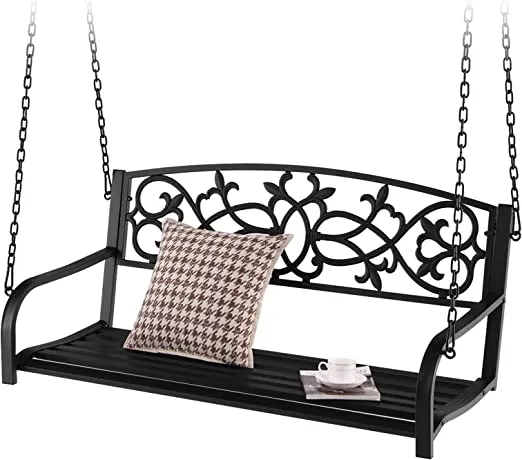 Tangkula 2 Person Porch Swing, Hanging Patio Swing Bench with Chains, Backrest & Armrests, Classic Outdoor Metal Swing Chair with Floral Pattern for Garden, Deck, Backyard (Black)