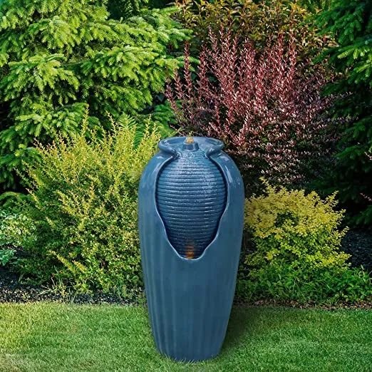 Teamson Home 32 in. Outdoor Contemporary Glazed Contoured Vase Water Fountain with LED Lights to Create a Calming Oasis in Gardens and Landscaping, on Patios, Balconies, Lawns, Teal Blue