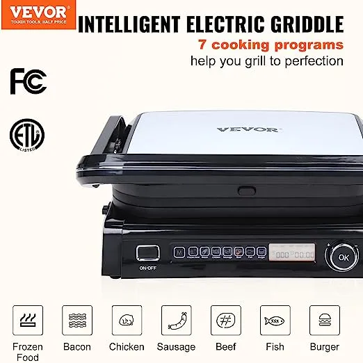 VEVOR 7 IN 1 Electric Contact Grill,1800W Indoor Panini Press Griddle,Stainless Steel Teppanyaki Grill with Nonstick&Removable Iron Plate, 0-446℉ Adjustable Temp Control,LCD Display,110V