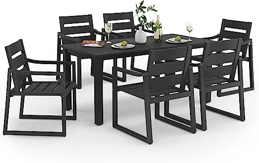 HDPS Outdoor Patio Dining Set, 7-Piece, All Weather Outdoor Table and Chairs, Resin Outdoor Kitchen Furniture Dining Sets for Outdoor Indoor, Patio, Lawn, Garden, and Backyard, Black