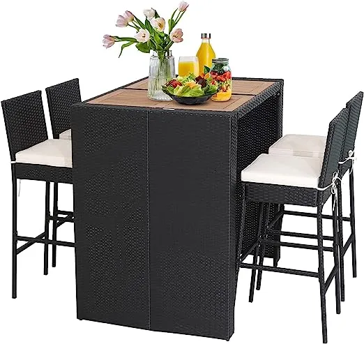 Tangkula 5 Piece Patio Wicker Bar Set, Patiojoy Outdoor Acacia Wood Bar Height Table & 4 Rattan Bar Stool Chairs with Backrest and Footrest, Outdoor Dining Bistro Set