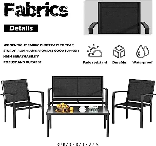 Greesum 4 Pieces Patio Furniture Set, Outdoor Conversation Sets for Patio, Lawn, Garden, Poolside with A Glass Coffee Table, Black