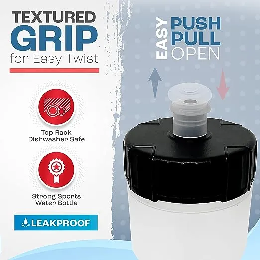 50 Strong Sports Water Bottle | Reusable Squeeze Water Bottles | 22 oz. BPA-Free Plastic Bottles with Pull Top Cap | Made in USA | Top Rack Dishwasher Safe | Fits Most Bike Cages