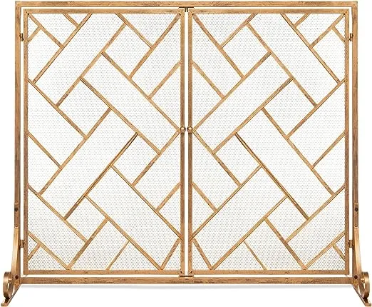 Best Choice Products 44x33in 2-Panel Handcrafted Wrought Iron Decorative Mesh Geometric Fireplace Screen, Fire Spark Guard w/Magnetic Doors - Gold