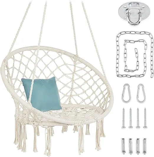 Best Choice Products Macramé Hanging Chair, Handwoven Cotton Hammock Swing for Indoor & Outdoor Use w/Mounting Hardware, Backrest, 265lb Capacity - Beige