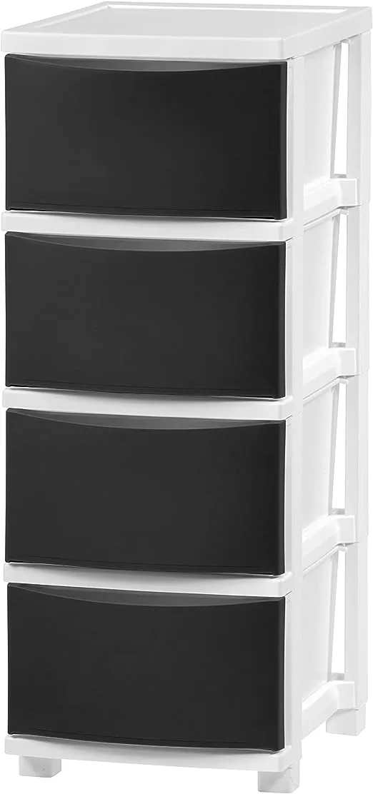 IRIS USA Plastic Drawer Storage Organizer, 4-Drawers, for Classroom Art Supplies Dresser Closet Bathroom Dorm Bedroom Laundry Room, Slim Narrow, White Frame with Matte Black Front Panels