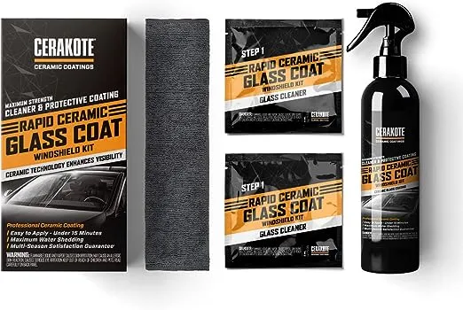 CERAKOTE® Rapid Ceramic Glass Coat Windshield Kit (8 oz Bottle)– Max Strength Rain Repelling Coating – Easy to Apply – Includes Glass Cleaner – Long Lasting Ceramic Formula – Maximum Water Shedding