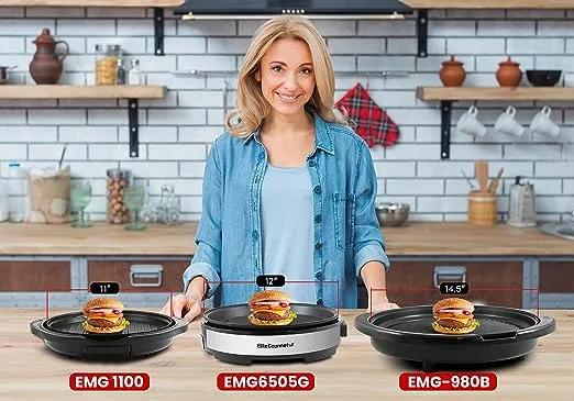 Elite Gourmet EMG6505G 12" Smokeless Indoor Electric BBQ Grill with Glass Lid Dishwasher Safe, Nonstick, Adjustable Temperature, Fast Heat Up, Low-Fat Meals Easy to Clean Design