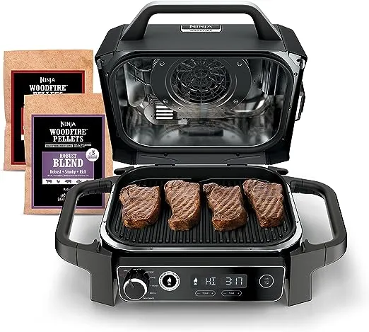 Ninja OG701 7-in-1 Outdoor Electric Grill & Smoker - Grill, BBQ, Air Fry, Bake, Roast, Dehydrate & Broil - Uses Woodfire Pellets - Portable & Weather Resistant