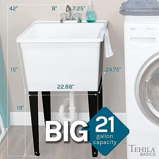 Tehila Basics by JS Jackson Supplies 21-Gallon White Freestanding Utility Sink with Chrome Finish 2-Handle Faucet, Heavy Duty Plastic Laundry Tub with Adjustable Legs