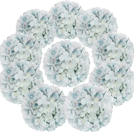 Flojery Silk Hydrangea Heads Artificial Flowers Heads with Stems for Home Wedding Decor,Pack of 10 (Lake Blue)