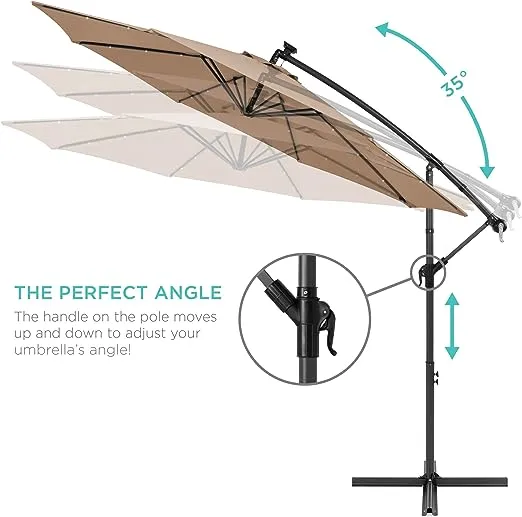 Best Choice Products 10ft Solar LED Offset Hanging Market Patio Umbrella for Backyard, Poolside, Lawn and Garden w/Easy Tilt Adjustment, Polyester Shade, 8 Ribs - Tan
