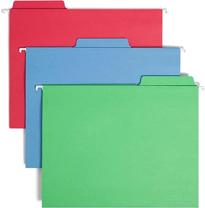 Smead FasTab Hanging File Folder, 1/3-Cut Built-in Tab, Letter Size, Assorted Primary Colors, 18 per Box (64053), Primary Color Assortment