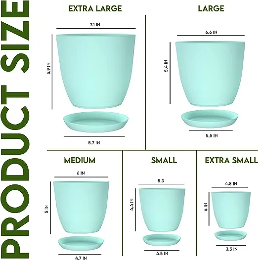 Utopia Home - Plant Pots Indoor with Drainage - 7/6.6/6/5.3/4.8 Inches Home Decor Flower Pots for Indoor Planter - Pack of 5 Plastic Planters for Indoor Plants, Cactus, Succulents Pot - Aqua