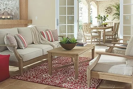 Signature Design by Ashley Clare View Coastal Outdoor Patio Eucalyptus Sofa with Cushions, Beige
