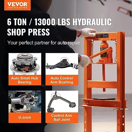 VEVOR Hydraulic 6 Ton H-Frame Garage Floor Adjustable Shop Press with Plates, 6T, Orange