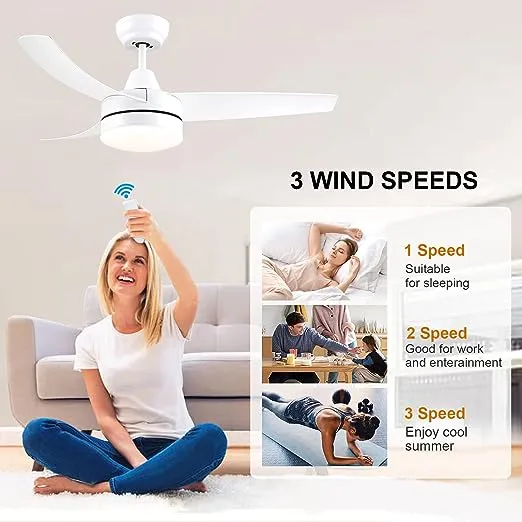 Ceiling Fans with Lights and Remote, 42 Inch Low Profile White Ceiling Fans with 3 Reversible Blades 3CCT Dimmable 6 Speeds Ceiling Fan for Bedroom Kitchen Dining Room