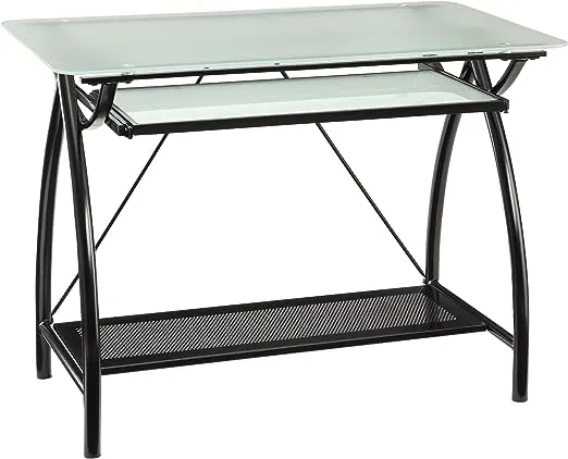 OSP Designs OSP Designs Newport Computer Desk with Frosted Tempered Glass Top, Pullout Keyboard Tray, and Black Powder Coated Steel Frame