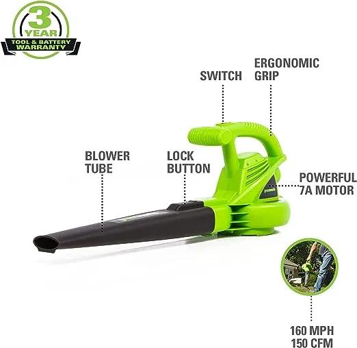 Greenworks 7 Amp 160 MPH/150 CFM Single Speed Electric Blower, 24012, green
