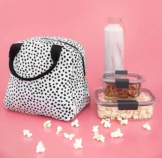 Steel Mill & Co Insulated Lunch Tote Bag for Women, Large Capacity Cooler Lunch Box, Cute Lunch Bag for Adults, Mini Cooler with Zipper Closure, Pockets, and Sturdy Handles (Black Dots)