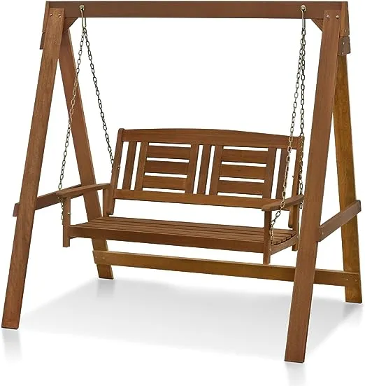 Furinno Tioman Hardwood Patio / Garden / Outdoor 4ft Porch Swing, 2 Seater with Stand, Natural