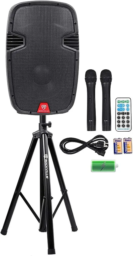 Rockville RAM12BT 12" Rechargeable Powered 600W PA Speaker+2 Mics+Bluetooth+Stand