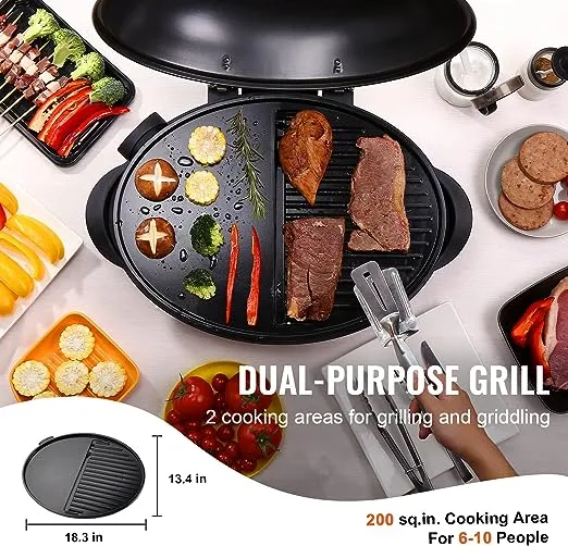 VEVOR Indoor/Outdoor Electric Grill, 1800W 200sq.in Electric BBQ Grill & 2 Zone Grilling Surface, Non-stick Ceramic Coating Plate, Adjustable Temperature, Removable Stand Patio Grill for Party Camping