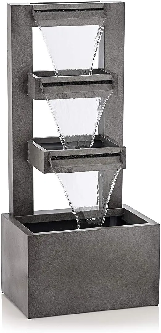 CPS182 Outdoor Floor Industrial Multi-Tiered Soothing Waterfall Fountain - Contemporary Garden, Patio, & Yard Décor with Relaxing Water Flow, 43"H (Gray)