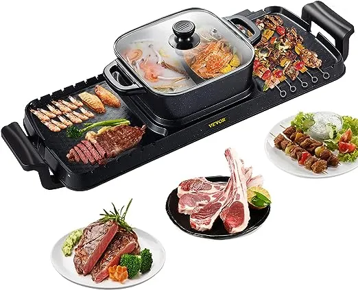 VEVOR Electric Grill and Hot Pot, 2400W Electric Smokeless Grill and Hot Pot, 2 in 1 Electric Hot Pot with Dual Temp Control, Multifunctional Teppanyaki Grill with Nonstick Coating for 1-8 People
