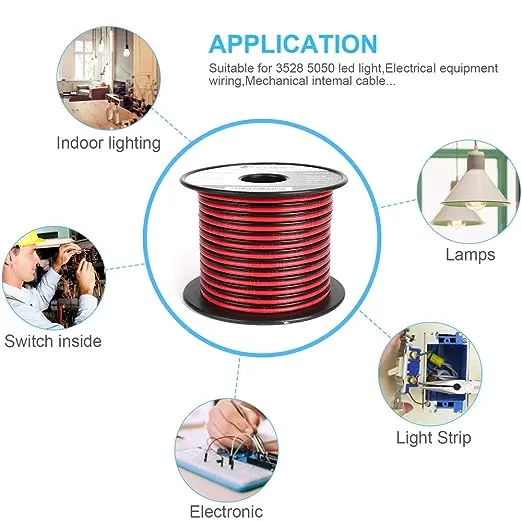 100FT 22/2 Red Black Electrical Wire, Pure Copper Wire 22 Gauge 2pin Wire Low Voltage LED Strips Extension Cord, 22AWG OFC 12V/24V DC Extension Wire for LED Strips Lamp Lighting, Hookup Wire