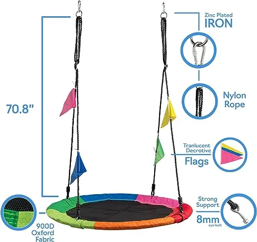 PlayVibe Tree Swing – 40 Inch Saucer Swing for Kids Outdoor – Round Disc Swing with 900Lb Weight Capacity, 900D Oxford Waterproof Fabric Hanging Straps (Multicolor)