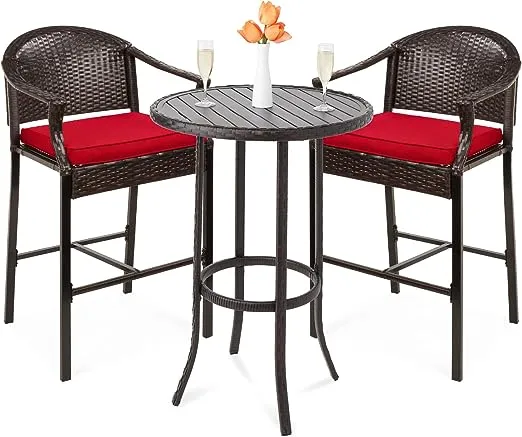 Best Choice Products 3-Piece Patio Bar Table Set, Outdoor Wicker Bar Height Bistro Furniture for Backyard, Poolside, Balcony w/Barstools, Cushions, Steel Frame – Brown/Red