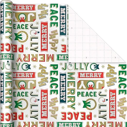 Hallmark Vintage Christmas Wrapping Paper Cut Lines on Reverse (3 Rolls: 120 sq. ft. ttl) Dancing Santas, Classic Snowman, "Merry, Jolly, Happy, Peace"
